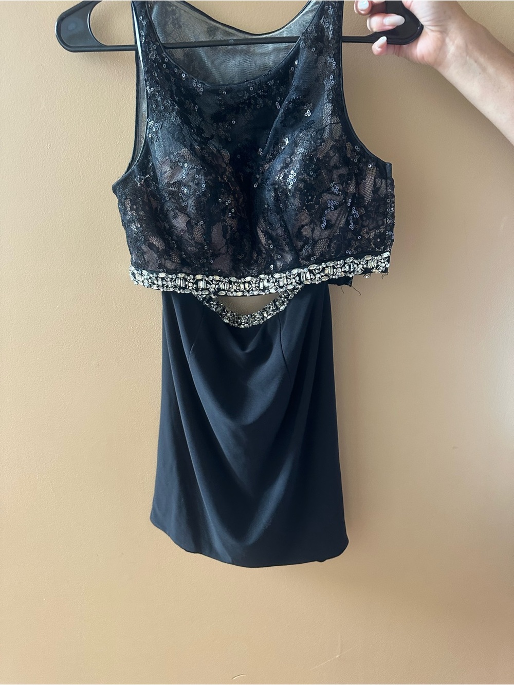 Black Lace Sequin Cocktail Dress with Beaded Waist